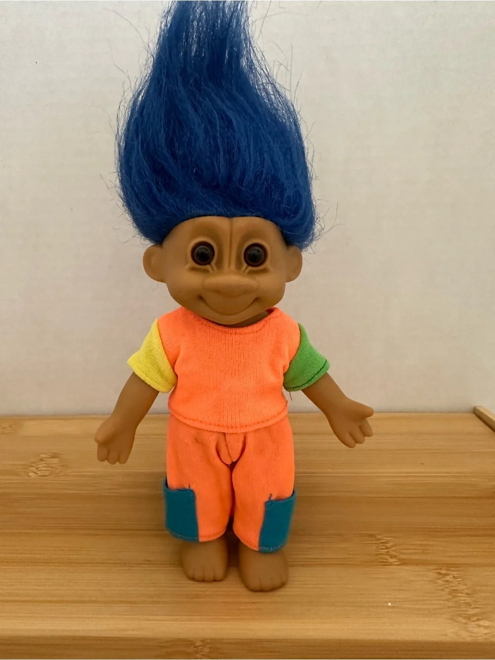 Vintage Russ Troll Doll with Blue Hair and Neon Orange Outfit 6.5” Tall #11